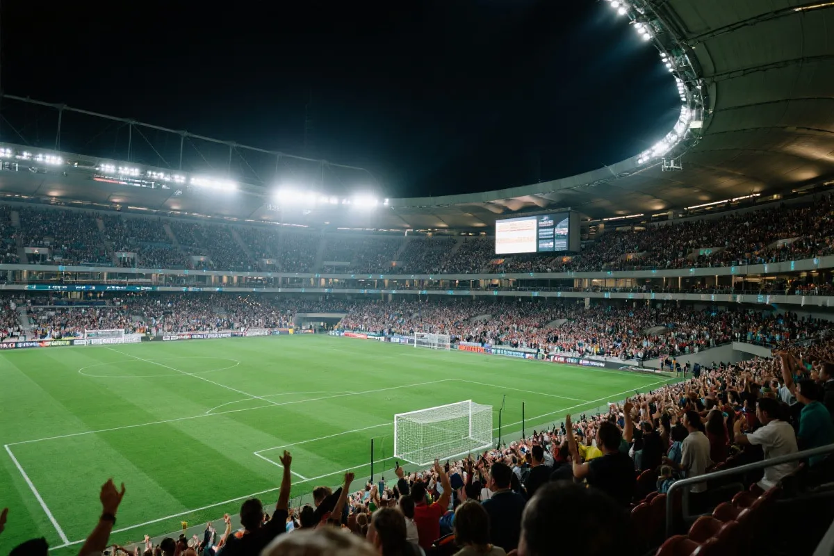俯瞰视角下的现代足球场,灯光璀璨,看台座无虚席